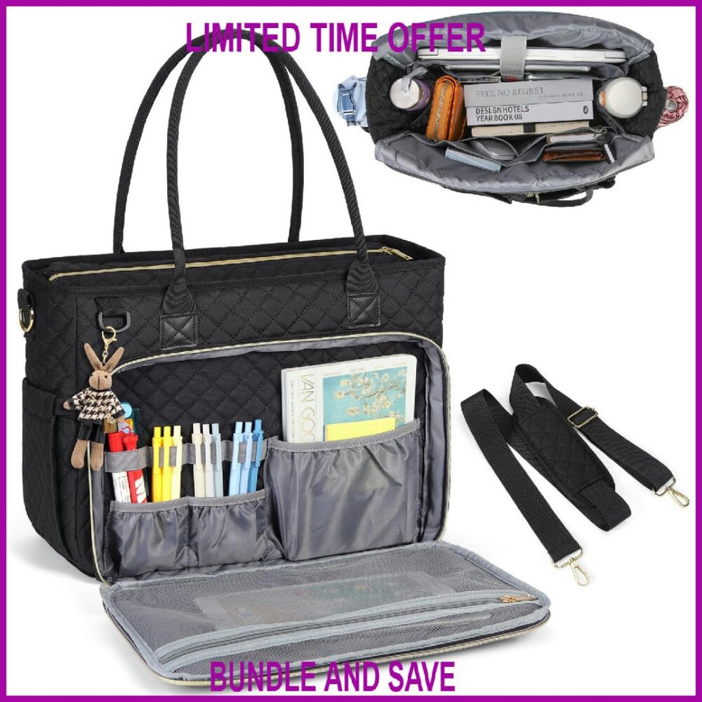 15.6" Laptop Tote With Insulated Pockets, Multiple Compartments, Luggage Strap